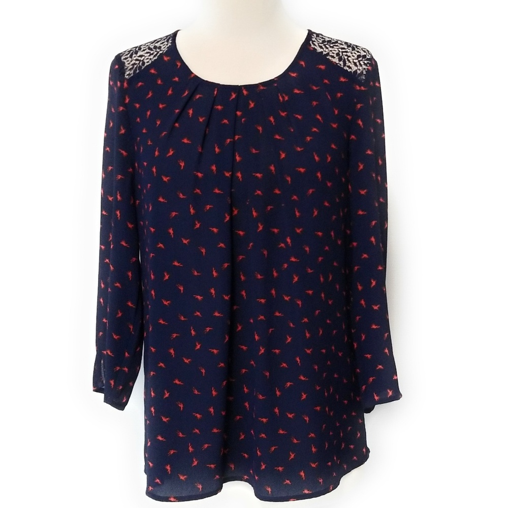 Stitch Fix Daniel Rainn Womens Navy Blue Bird Print Pleated Blouse Size S